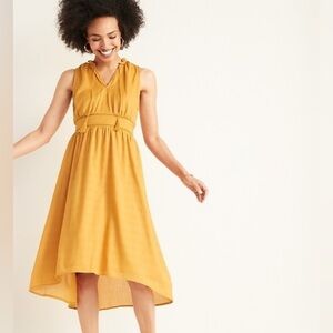Old Navy Sunflower Gold Waist Defined Ruffled Tie Neck Midi Dress